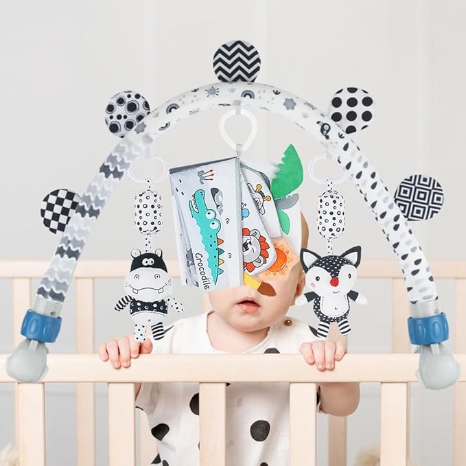 Baby Activity Travel Mobile Arch Bassinet Toy, Black and White High-Contrast Bouncer Toy bar, Crib Toys with Hanging Animals, Stroller Attachment(Farm)