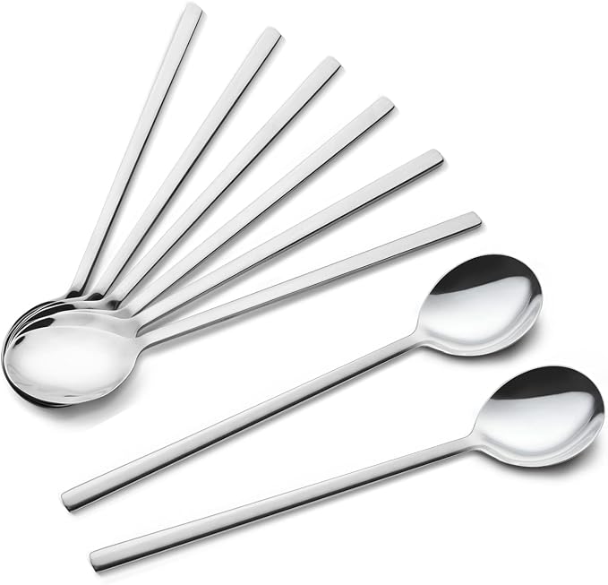 IQCWOOD Spoons, 8 Pcs Korean Spoon, 8.5 Inch Stainless Steel Soup Spoons | Korean Soup Spoons with Long Handle, Smooth Edges & Mirror Finish, Flatware Set for Everyday Home, Kitchen, or Restaurant Use