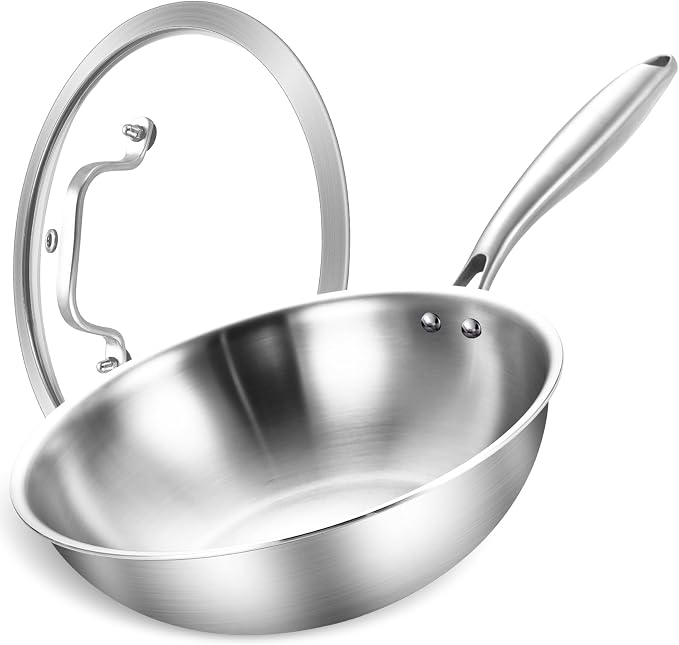 LOLYKITCH 10-Inch Stainless Steel Wok with Glass Lid | Riveted Handle | Small | Uncoated Tri-Ply Stir Fry Pan | Everyday Cooking Wok for Induction | Flat Bottom | SGS Certified Cookware | PFOA-FREE