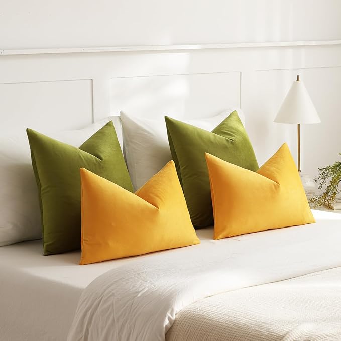 Euro Sham Covers 24x24 Chartreuse: Pack of 2 Cozy Soft Velvet Square Modern Luxury Decorative Throw Pillow Cases for Sofa Couch Living Room Bed Home Decor
