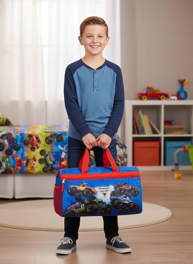 Monster Jam Kids’ Duffle Bag – Truck-Themed Travel Gym Bag with Adjustable Shoulder Strap, Mesh Side Pockets & Zipper Pocket