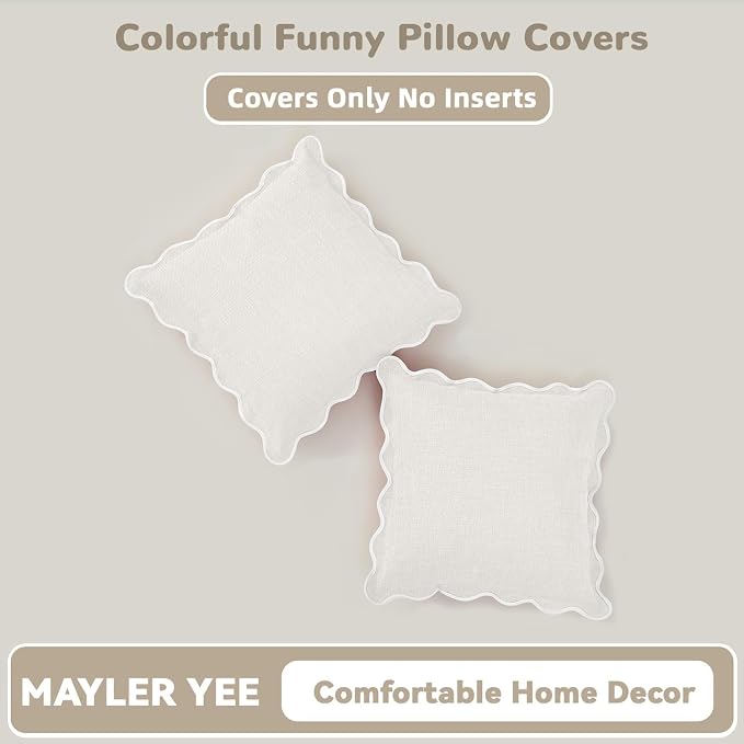 Scalloped Pillow Covers Set of 2 for Living Room | Decorative Sofa Couch Pillows | Boho Sytle Home | Aesthetic Funky Preppy Pillow Cases (Beige & White, 18x18 Inch)