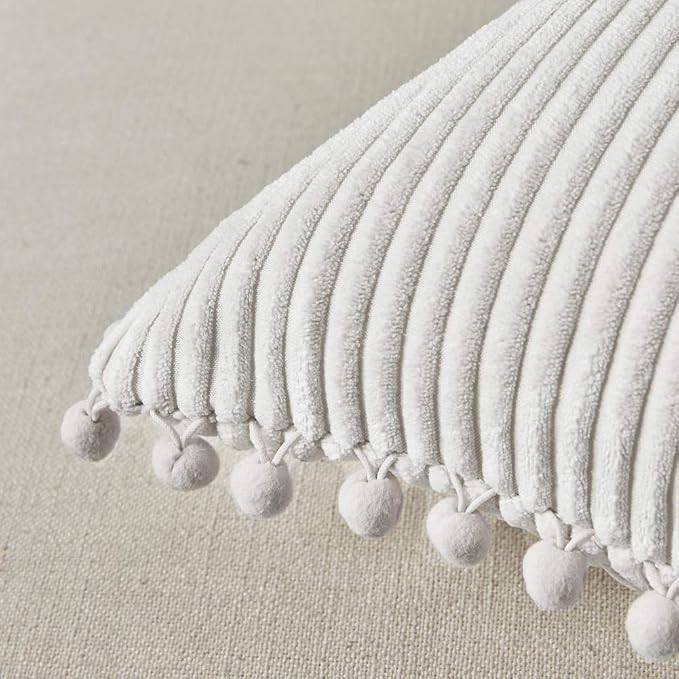 Fancy Homi 2 packs Cream White Boho Decorative Throw Pillow Covers with Pom-poms, Soft Corduroy Solid Square Cushion Cases Set for Living Room Couch Sofa Bedroom Car (12x24 Inch/30x60 cm, Cream White)