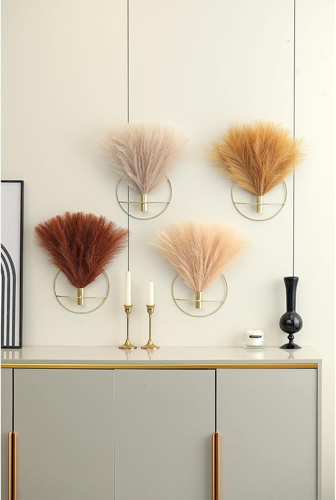 Pretty Jolly Boho Pampas Wall Decor Gold Metal Wall-Mounted Art | Morden Artificial Greenery Display，2 Pack Hanging Planter For Living Room, Bedroom, Bathroom, Dining room