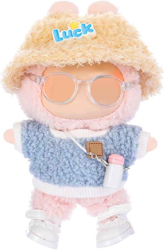 5 Pcs Stylish Set for 17cm Dolls with Fashion Hat, Water Bottle, Transparent Glasses, Shoes and Sweater Outfit Set, Cute Doll Style Accessories Gift (Pretty, Blue)