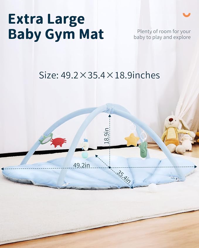 ANGELBLISS Baby Play Gym Mat, Reversible Tummy Time Mat with 6 Sensory Toys for Stage-Based Developmental, Thick & Large Baby Activity Center for Active Play (Blue)