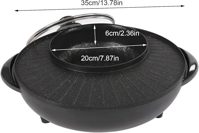 Electric Smokeless Grill and Hot Pot 2 in 1, Multifunctional Round Pot, Hot Pot Plate, Circular Edition Hotpot Grill Combo Korean BBQ, Non Sticky Pot Black 110v.