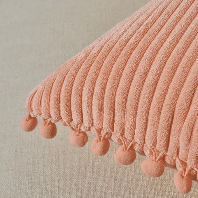 Fancy Homi Pack of 2 Peach Decorative Throw Pillow Covers 18x18 Inch with Pom-poms for Couch Bed Living Room Bedroom, Farmhouse Boho Home Decor, Soft Coral Corduroy Solid Square Cushion Case 45x45 cm