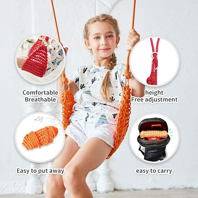 Hand-Knitting Kids Swing, Indoor Outdoor Portable Tree Swing Seat,Adjustable Ropes, with Hanging Strap and Snap Hook for Camping Hiking Backyard Playset and Playroom, Easy Install(Orange)