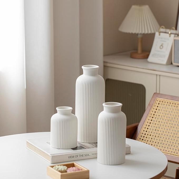 Large Modern Ceramic Vase Set, White Ribbed Matte Design, 3-Piece Decorative Vases for Home, Living Room, Office (XL White)