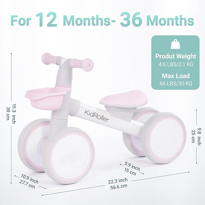Kid's Balance Bikes for 1 Year Old Boys and Girls, 12-36 Months Toddler Ride-on with Adjustable Seat and a Front Basket, First Birthday Gifts (Pink)
