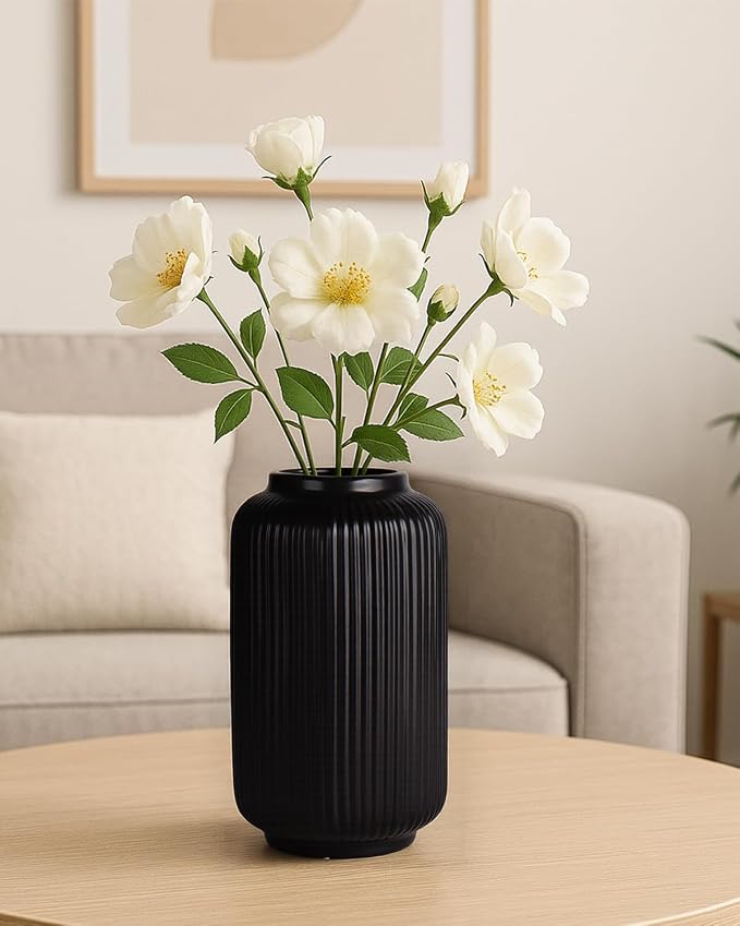 Black Ceramic Vase, 8 Inch Ribbed Flower Vase for Bouquet and Pampas Grass, Modern Wide Mouth Decorative Vase for Dining Table, Kitchen Shelf, Wedding Centerpiece