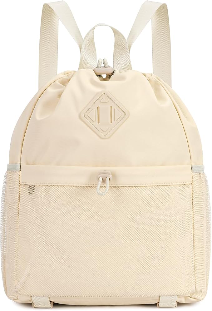 WANDF Drawstring Backpack for Women, Lightweight Gym Bag with Yoga Mat Strap, Water-Resistant String Backpack with Mesh Pocket (Beige, Patent Pending)