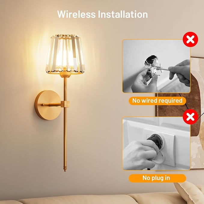 Crystal Battery Operated Wall Sconces Set of 2, Gold Rechargeable Wireless Wall Sconce Lights with Crystal Lampshade, 12 RGB and 3CCT Dimmable Wall Lamps with Remote for Bedroom Living Room Hallway
