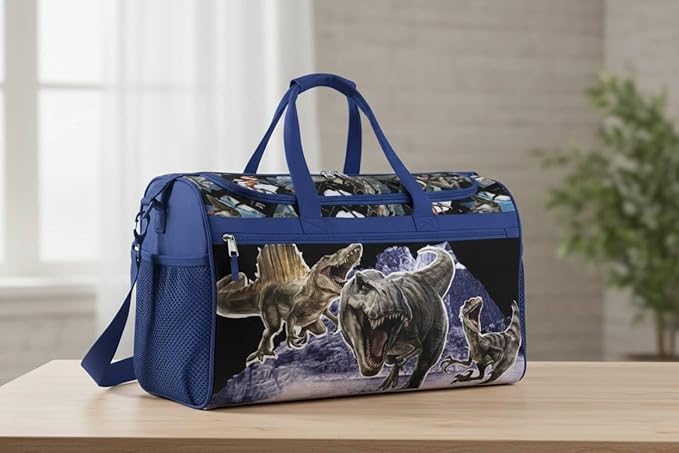 Jurassic World Kids Duffle Bag 16.5" – Dinosaur Travel & Sports Bag with Zipper Pocket, Mesh Side Pockets & Strap