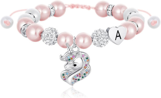 C-leen Unicorn Bracelet Gifts for Teens, Adjustable Pink Pearl and Rhinestone Balls Heart Initial Unicorn Bracelets Jewelry Gift for Birthday Christmas gifts