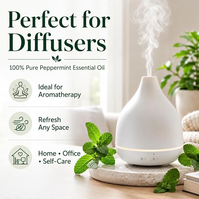 GreenHealth Peppermint Essential Oil – 32 fl oz (946 ml) – 100% Pure & Uncut – Strong Menthol Scent – Aluminum Bottle with Plug Cap – for Diffusers, Cleaning, DIY
