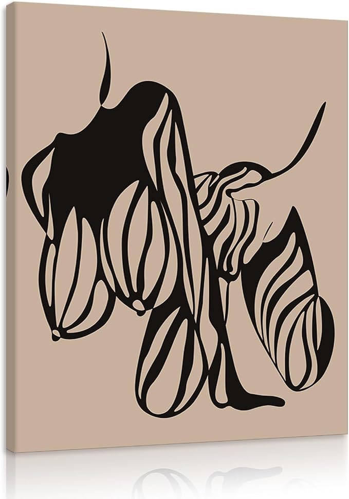 Yeesjoee Sexy Minimalist Nude Female Canvas Wall Art Line, Nudity Outline Posters Print, Woman Body Abstract Curved Silhouette, Beige Black Painting for Bedroom Living Room Home Decor, 12x16 in Framed