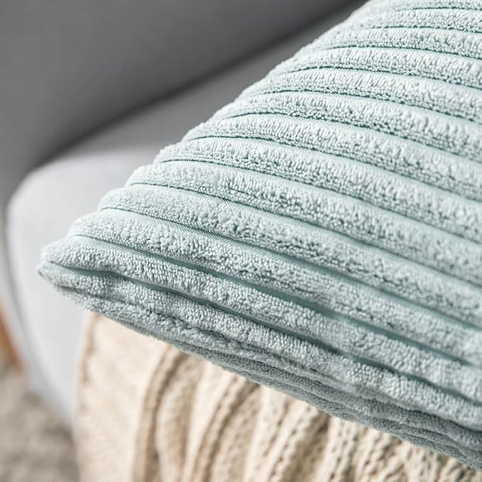 MIULEE Decorative Corduroy Throw Pillow Covers Set of 2 18x18 Mint | Soft Striped Textured Cushion Cases, Boho Energetic Vibe Pillowcases for Home Decor, for Couch Chair Sofa Bed Living Room