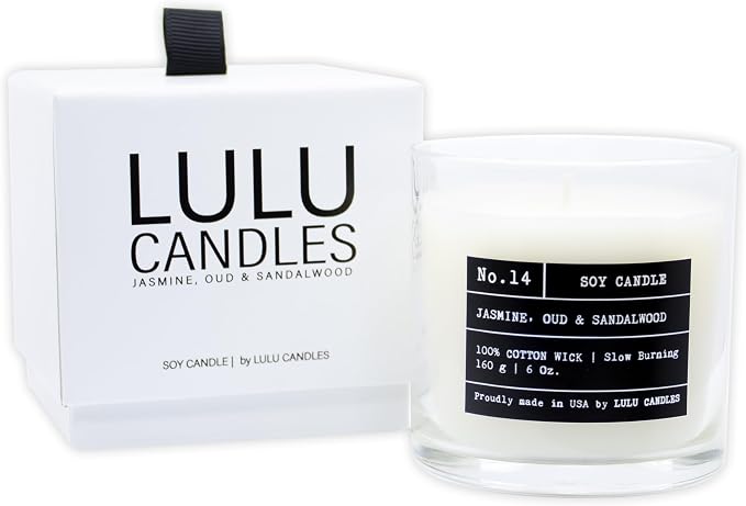 Lulu Candles | Jasmine, Oud & Sandalwood | Luxury Scented Soy Jar Candle | Hand Poured in The USA | Highly Scented Long Lasting (6 Oz. Gift Box)