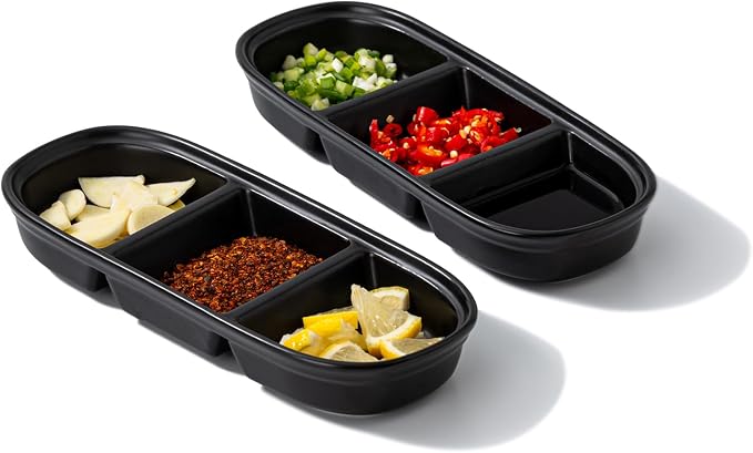 2PCS Ceramic Dishes, Ceramic Dish Stainless Steel Soy Tomato Sauce Salt Vinegar Sugar Spices Flavor Condiment Dip Bowls Korean BBQ Home Kitchen Plates (3 Grids Black)
