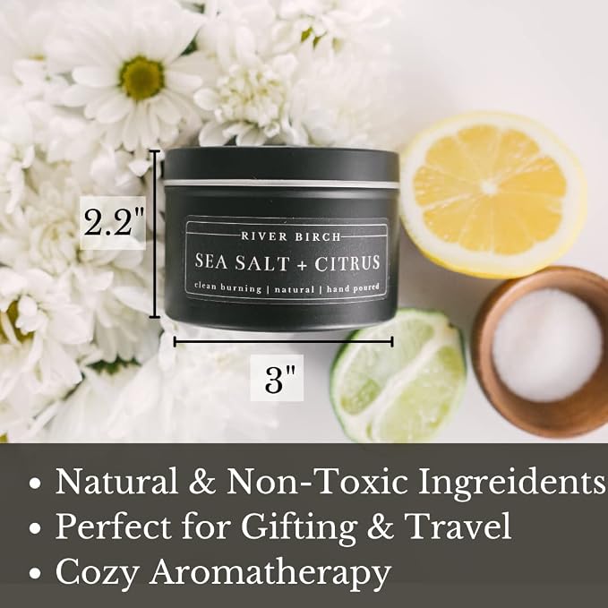River Birch Candles Sea Salt + Citrus Scented Candle | Premium, All-Natural, Non-Toxic, Soy Candles | 8 oz. Black Matte Tin Travel Candle | Cozy Relaxing Gifts for Home