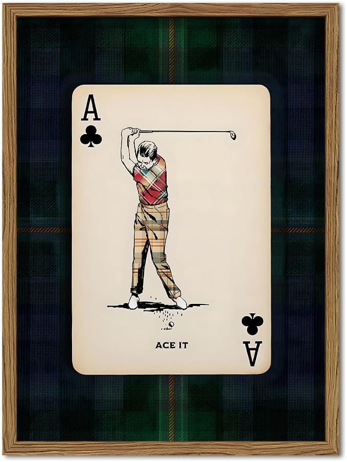Vintage Golf Wall Art, Playing Card Golfer Sports Wall Decor Paintings Retro Navy Plaid Canvas Prints Picture for Bedroom Living Room Man Cave Country Club 12x16 inch Wood Framed
