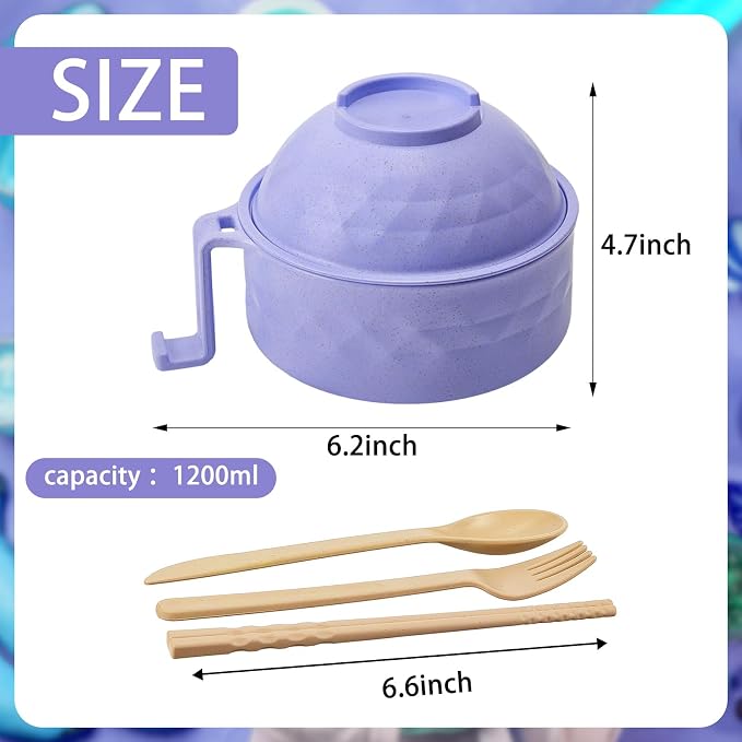 6 Sets Microwave Ramen Bowl Bulk 40 oz Wheat Straw Instant Ramen Cooker Set Portable Noodle Cooker with Handle Spoon Chopsticks Fork for College Dorm Room Gift (Fresh Colors)