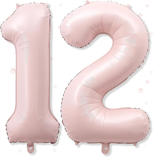 Foil 12 Balloon, Dusty Light Blush Pink Big Number 12 Balloons for Girls Birthday Party Decor, 40'' Mylar Helium Self Inflating Number 12 Baby Pastel Pink Balloon for 12th Birthday Party Decorations