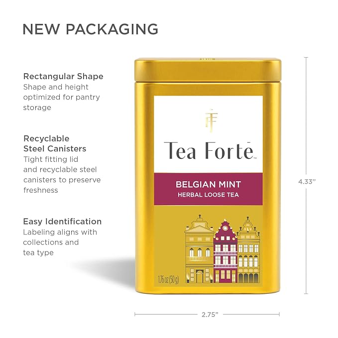 Tea Forte Belgian Mint Premium Loose Leaf Caffeinated Herbal Tea Blend Canister, Makes 35-50 Cups