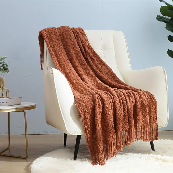 CREVENT Farmhouse Boho Knitted Throw Blanket for Couch Sofa Chair Bed Home Decoration, Soft Warm Cozy Light Weight for Spring Summer Fall (60''X80'' Caramel)