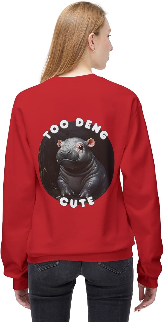 Unisex Fleece Crewneck Sweatshirt - Too Deng Cute Moo Deng Hippo, Cozy Cotton Blend, Classic Relaxed Fit