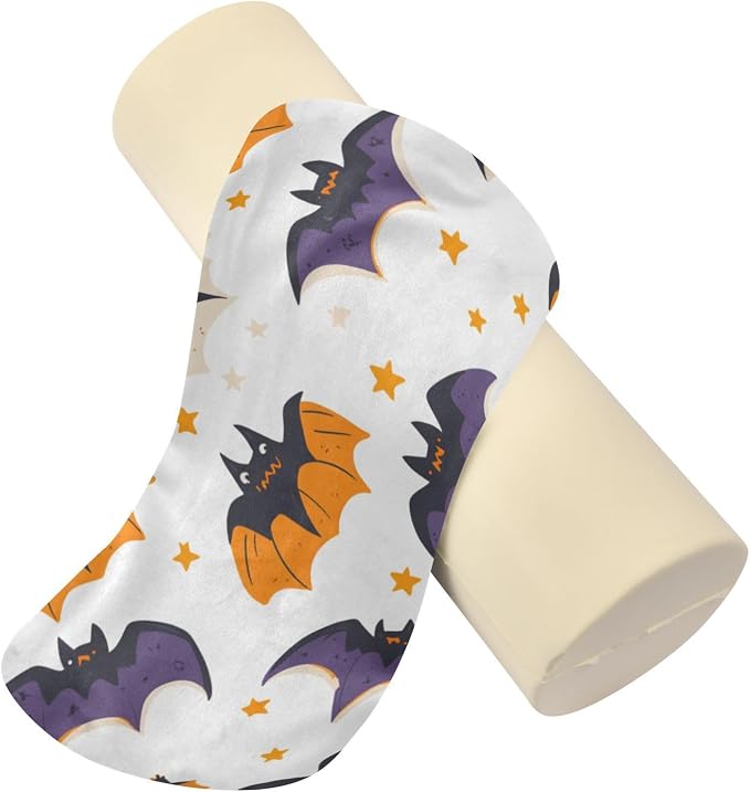 White Halloween Bats and Stars Neck Roll Pillow Bolster Round Health Memory Foam Long Cervical Cylinder Pillows with Removable Washable Cover for Body Bed Legs Back Yoga