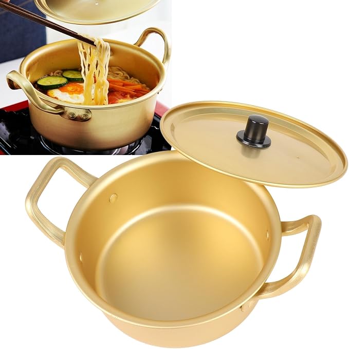 Korean Ramen Cooking Pot, Korean Ramen Pot with Lid Double Handle Design Yellow Aluminum Alloy Stockpot for Kitchen Cookware (16cm)