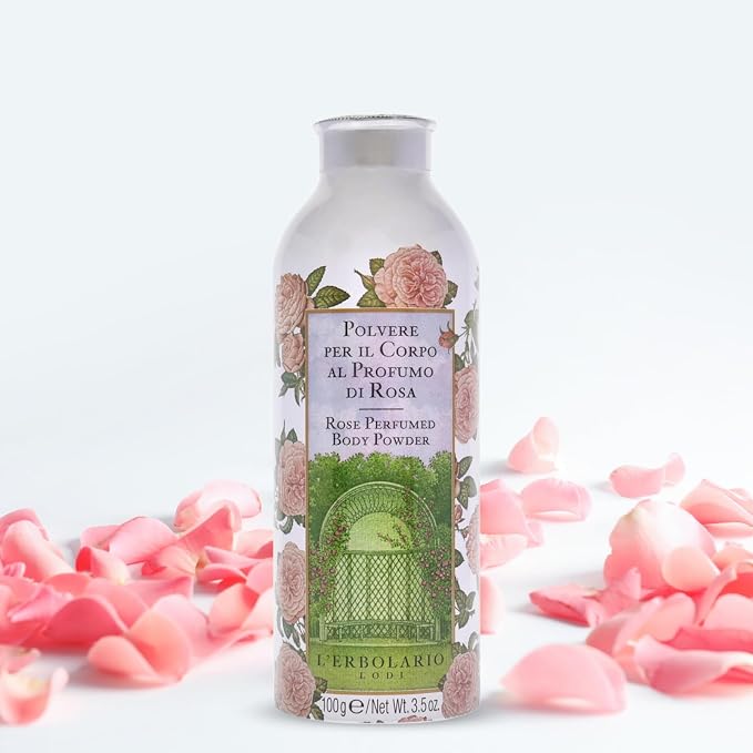 L'Erbolario Rose Perfumed Body Powder - Naturally Enticing Floral Scent with Rose, Jasmine, and White Musk - No Silicones, Parabens Or Petrolatum - Perfectly Refreshing for All Skin Types - 3.5 Oz