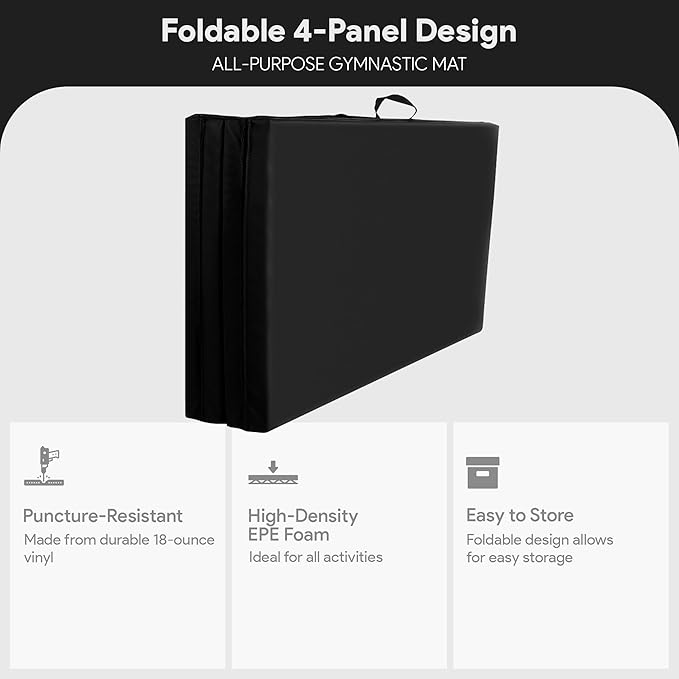 BalanceFrom 10x4 Feet 4-Panel Folding Gymnastics Mat – 2-Inch Thick Pad with Vinyl Surface and Carrying Handles for Tumbling, Yoga, Pilates, Home Workouts, and Martial Arts