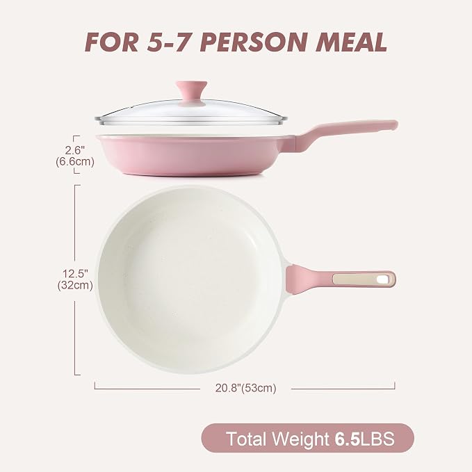 SENSARTE 12.5In Nonstick Ceramic Frying Pan with Lid, PFAS/PTFE Free, Pink | Ceramic Omelette Pan Skillet, Healthy Non-toxic Chef's Pan, Induction Compatible Pan, Heat Resistant Handle