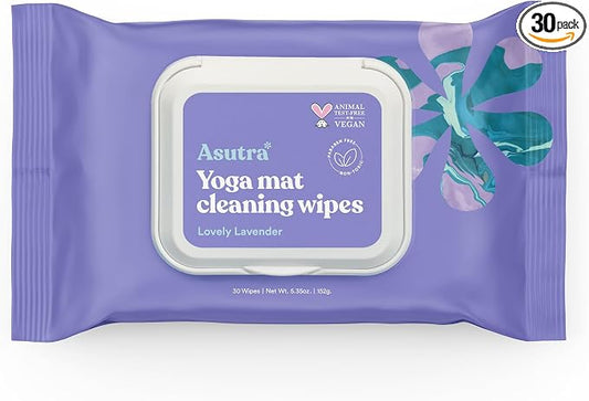 ASUTRA Yoga Mat Cleaning Wipes (Lovely Lavender), 1 Pouch (30 Wipes) - No Slippery Residue, Deep-Cleansing for Fitness Gear & Gym Equipment
