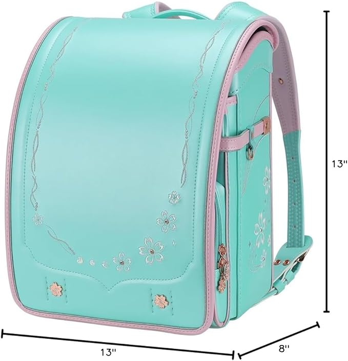 IwaiLoft Ransel Randoseru Backpack Automatic Satchel Japanese School Bag Cherry Blossom Sakura Embroidery PU Bookbag (Green)