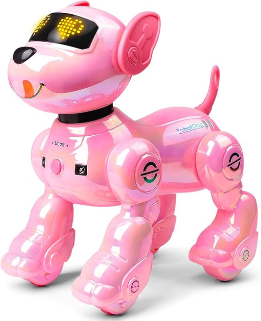 VATOS New Kids Smart Remote Control Robot Dog,17 Fun Interactive Functions Intelligent Programmable Kids Robotic Puppy with 2 Batteries, Singing Dancing Walking Robot Dog Toy for Girls 3-8 Year Pink