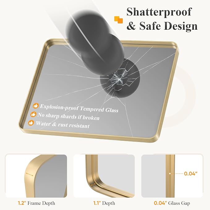 Sweetcrispy Bathroom Wall Mirror, 30x22 Inch Wall Mount Mirror for Over Sink, Modern Rounded Rectangle Vanity Mirrors with Matte Metal Framed, for Home Decor, Living Room, Bedroom, Gold