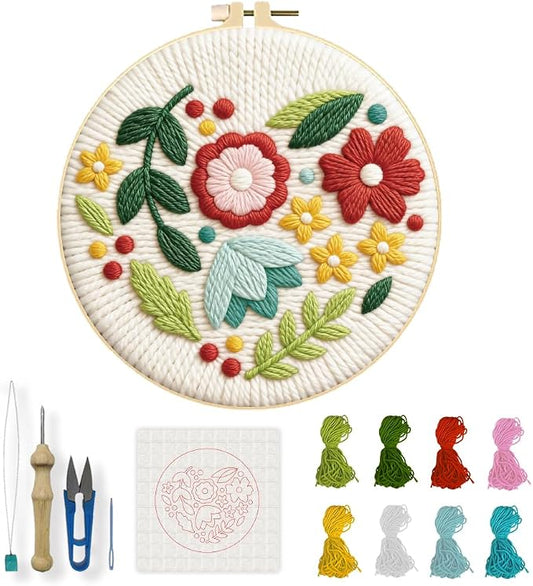 INFUNLY Flower Leaf Punch Needle Embroidery Kit 8.7" DIY Punch Embroidery Kit for Adults Floral Seed Needlepoint Starter Set Round Needles Stitching Kits with Instruction for DIY Craft Lovers Gift