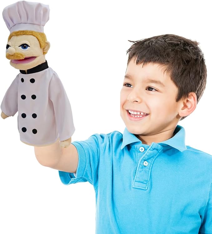 Professional Hand Puppets,2pcs Chef Puppet and Waitress Hand Puppet for Kids Role Play,Teaching Puppet Stuffed Toys Character Puppet with Movable Mouth（03-Chef &Waitress