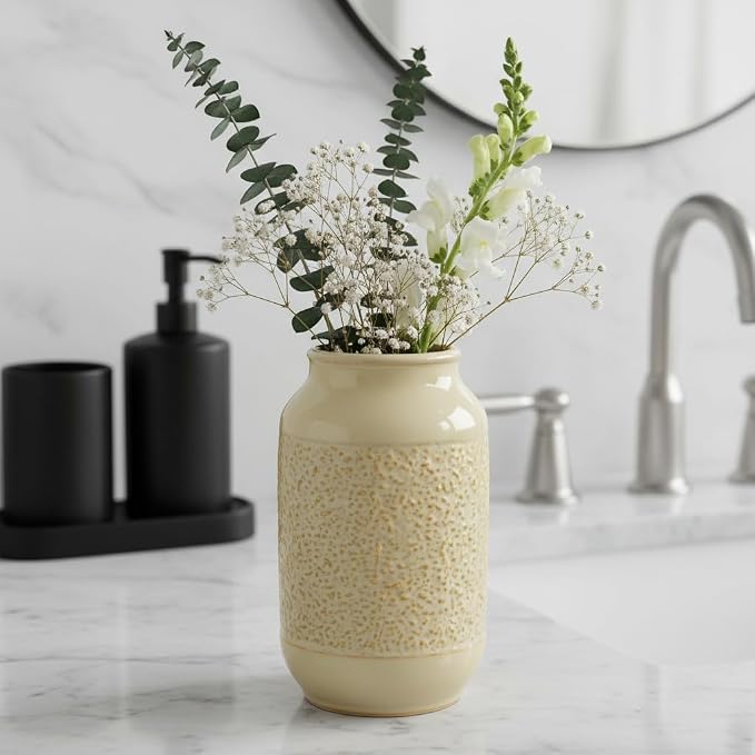 Beige Ceramic Vase for Flowers - 9 Inch Textured Cream Vase for Pampas Grass, Modern Farmhouse Vases for Home Decor, Table Centerpiece, Shelf, and Mantle Decor