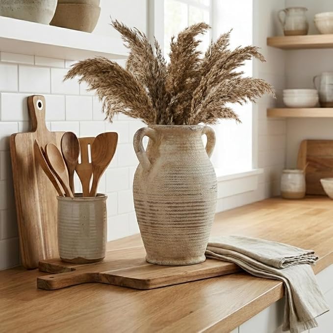 Emotionally Grounded Vase, Vaseking Large Ceramic Rustic Vase with 2 Handles, 9.8 inch Minimalist Decorative Farmhouse Tall Vases for Home Decor, Living Room, Enterway, Wedding, Fired Terra Clay