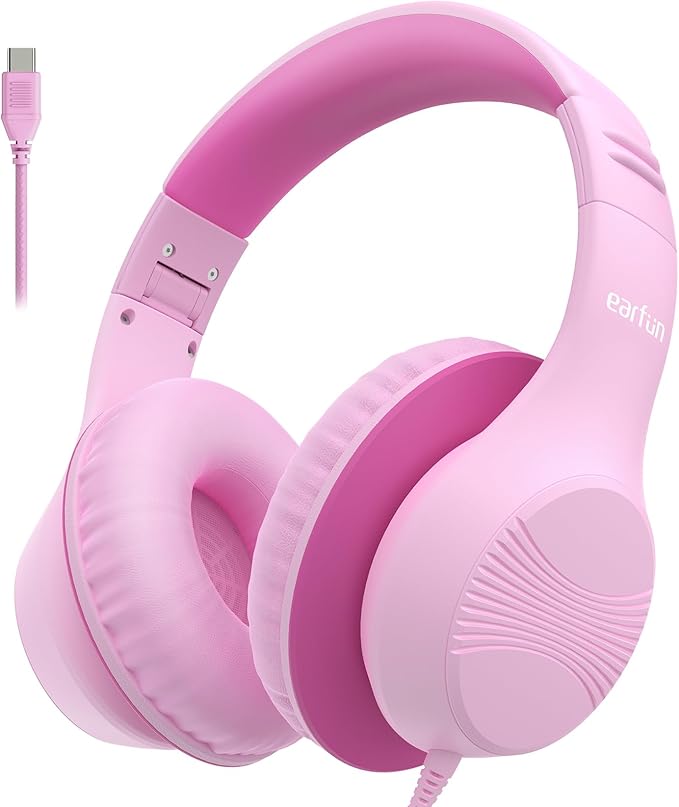 EarFun K3 Kids Headphones, USB Type C Over Ear Headphones for Kids, Volume Limit, HD Stereo Sound, Comfortable Fit, Foldable Wired Headphone for School/Travel/Boys/Girls/Tablet/iPad, Pink