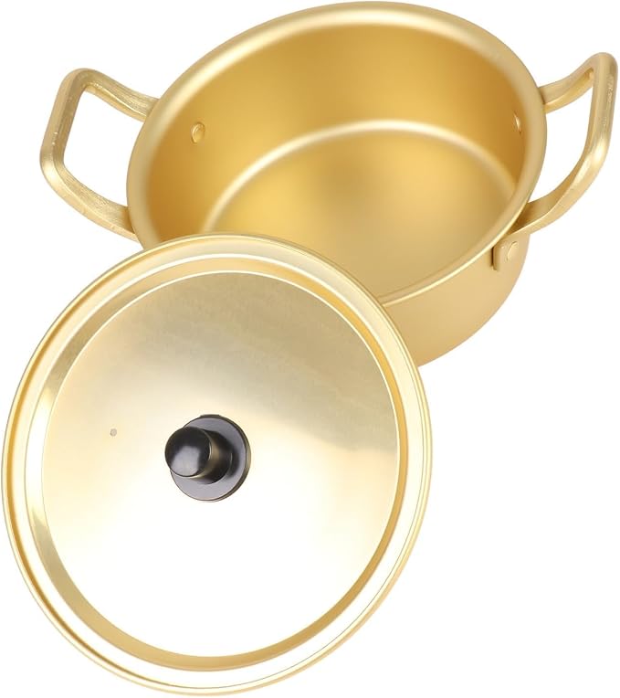 Korean Ramen Cooking Pot, Korean Ramen Pot with Lid Double Handle Design Yellow Aluminum Alloy Stockpot for Kitchen Cookware (16cm)