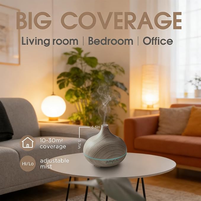 550ml Large Capacity Essential Oil Diffuser with 6 Aromatherapy Oils,Humidifier for Home Decor,Diffuser with Remote Control,7 Color LED Light for Yoga Gym Office Decoration (White Wood Grain)
