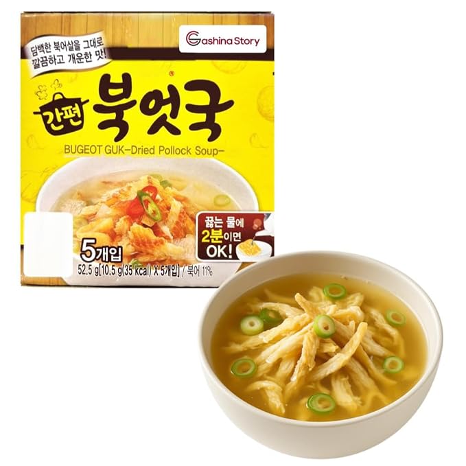 Bugeot Guk Dried Pollack Soup 1 Pack (10.5g x 5pcs) - Quick Korean Instant Soup - Hangover Remedy - Made with Fresh Ingredients - Rich in Protein - Easy Microwave/Boil Preparation - 북엇국