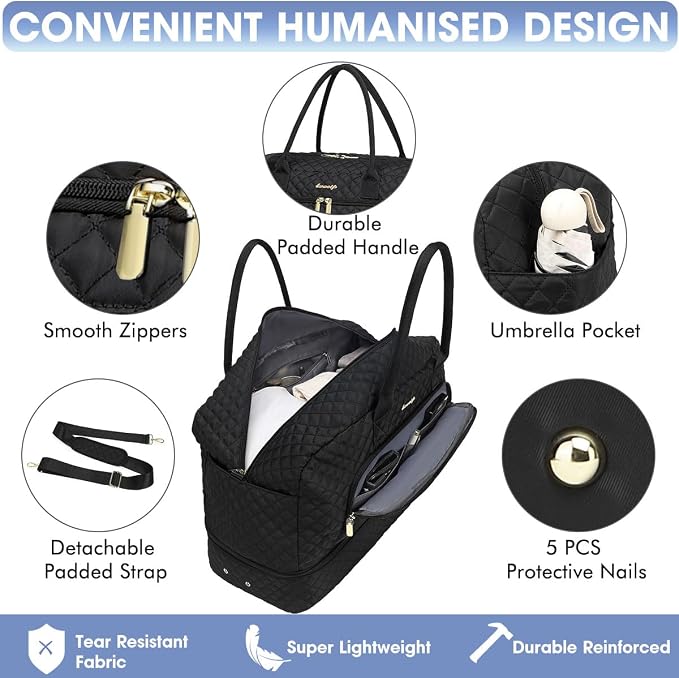 Initial Travel Duffle Bag for Women - Black Personalized Weekender bags Overnight Bag with Shoe Compartment & Wet Pocket Weekend Tote Bags with Toiletry Bag Monogram Christmas Gift (Letter K)